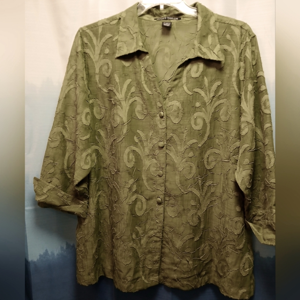 Scott Taylor Olive Green Shear Blouse 2X